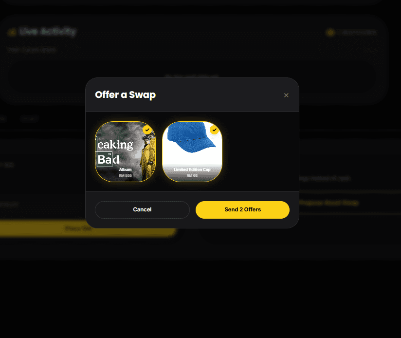 Swap offer screen during a live auction