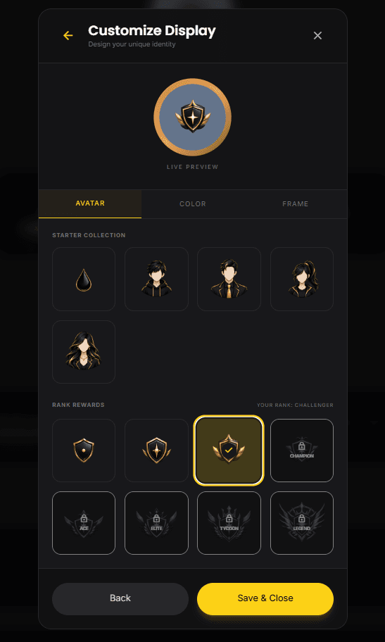 Profile customization screen with DP and frame picker