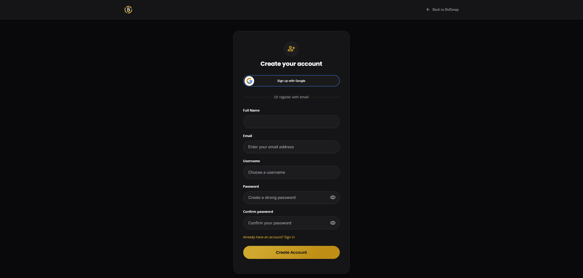BidSwap login and register screen