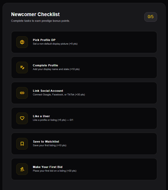 Rank progress page showing the Newcomer Checklist