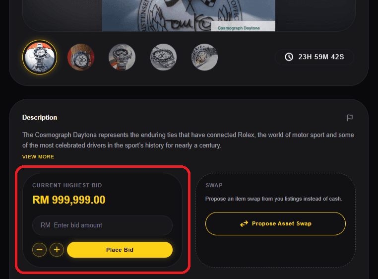 Listing detail page with the bid input in focus