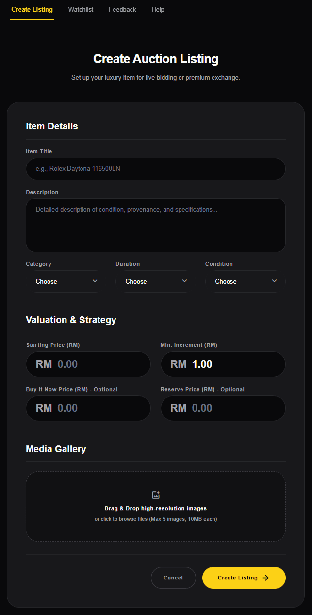 Create listing form, item details step