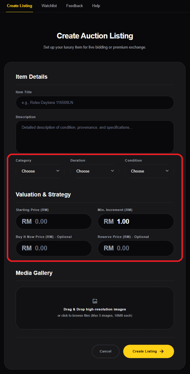 Create listing form, pricing and duration step