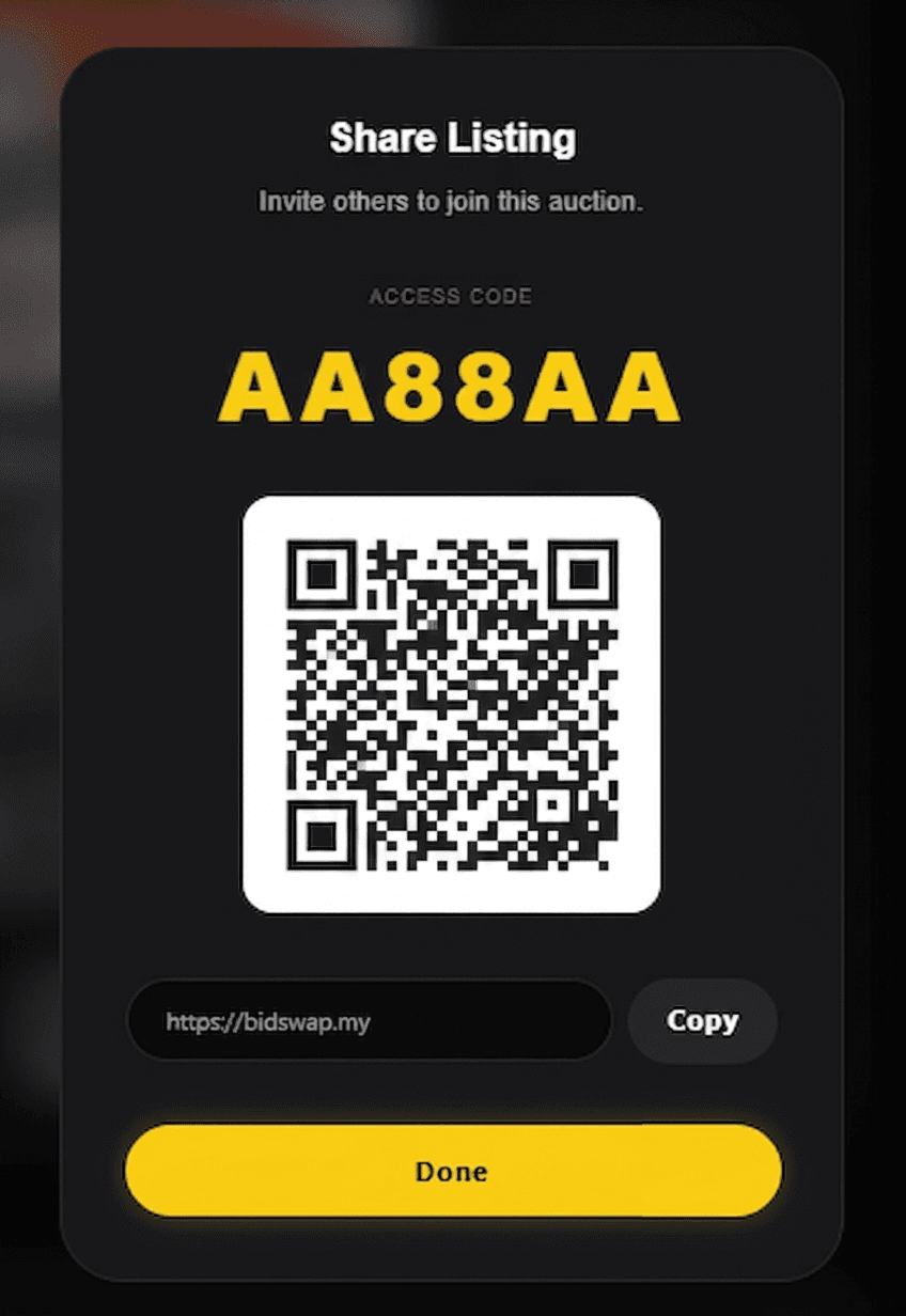 Listing code, QR code, and share link screen
